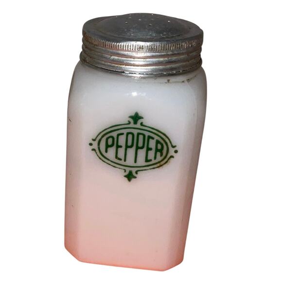 Hazel Atlas Milk Glass Flour & Pepper Shakers w/ Metal Lids 1930s-40s Vintage - Picture 5 of 8